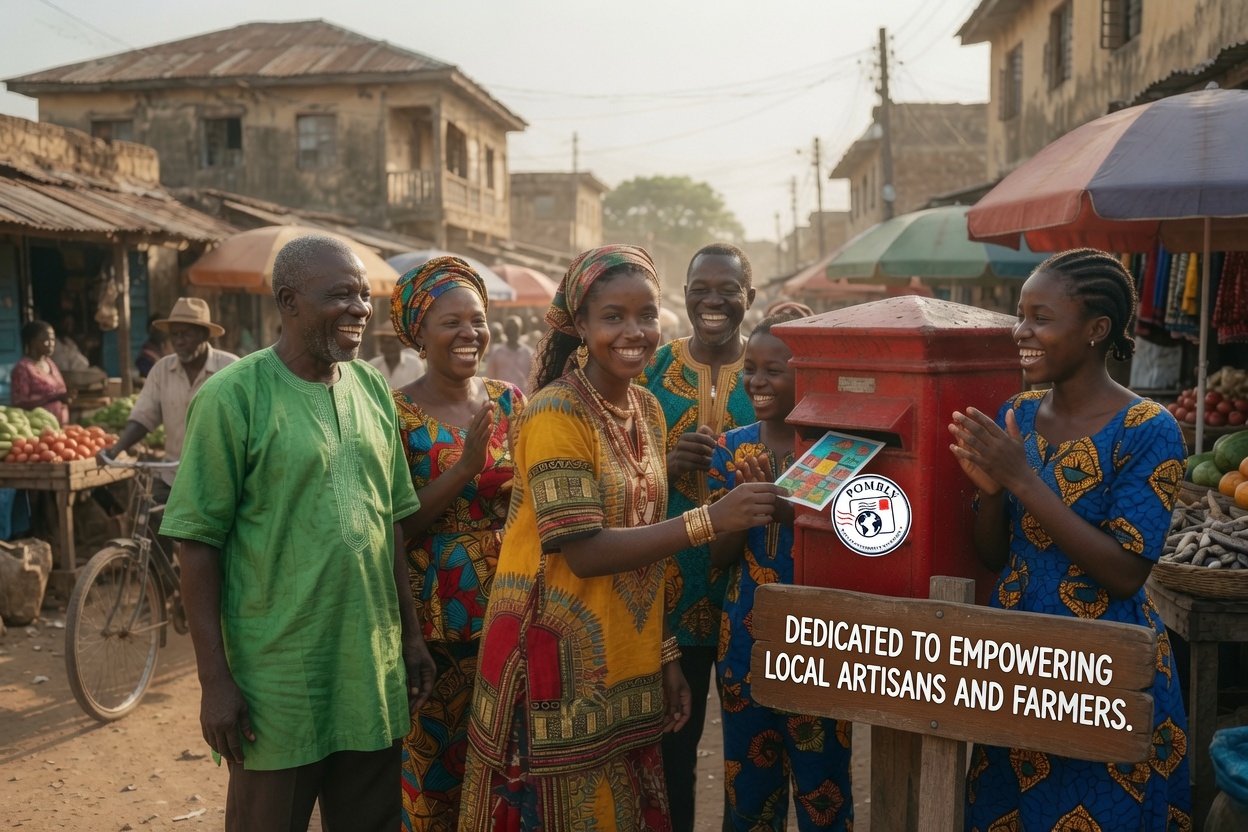 A smiling community at a market posting a Pombly postcard into a red postbox