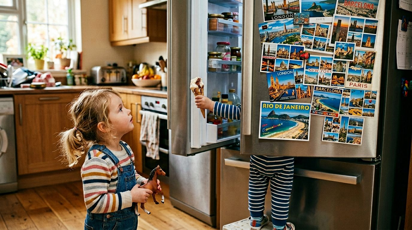 Children at a fridge covered in postcards from London, Paris, Barcelona, New York and Rio de Janeiro