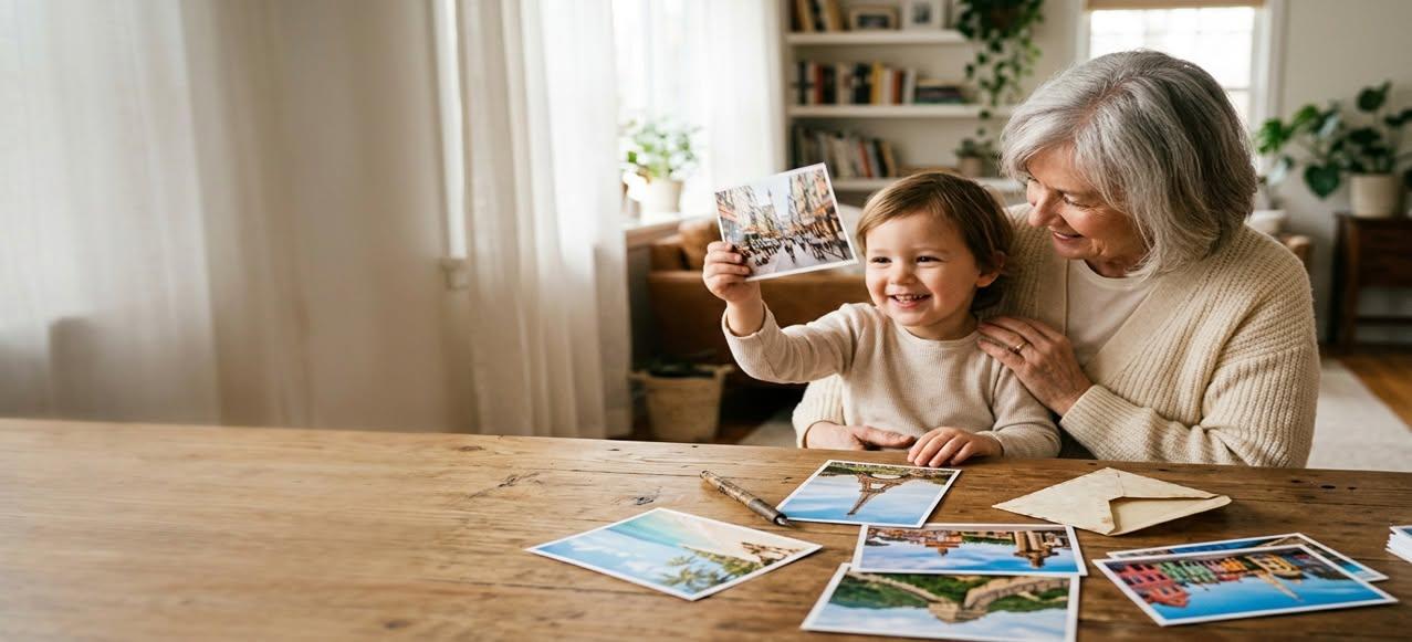 A grandmother and grandchild smiling over a table of postcards from around the world