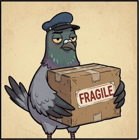 The Pombly mascot — a pigeon postman carrying a fragile parcel