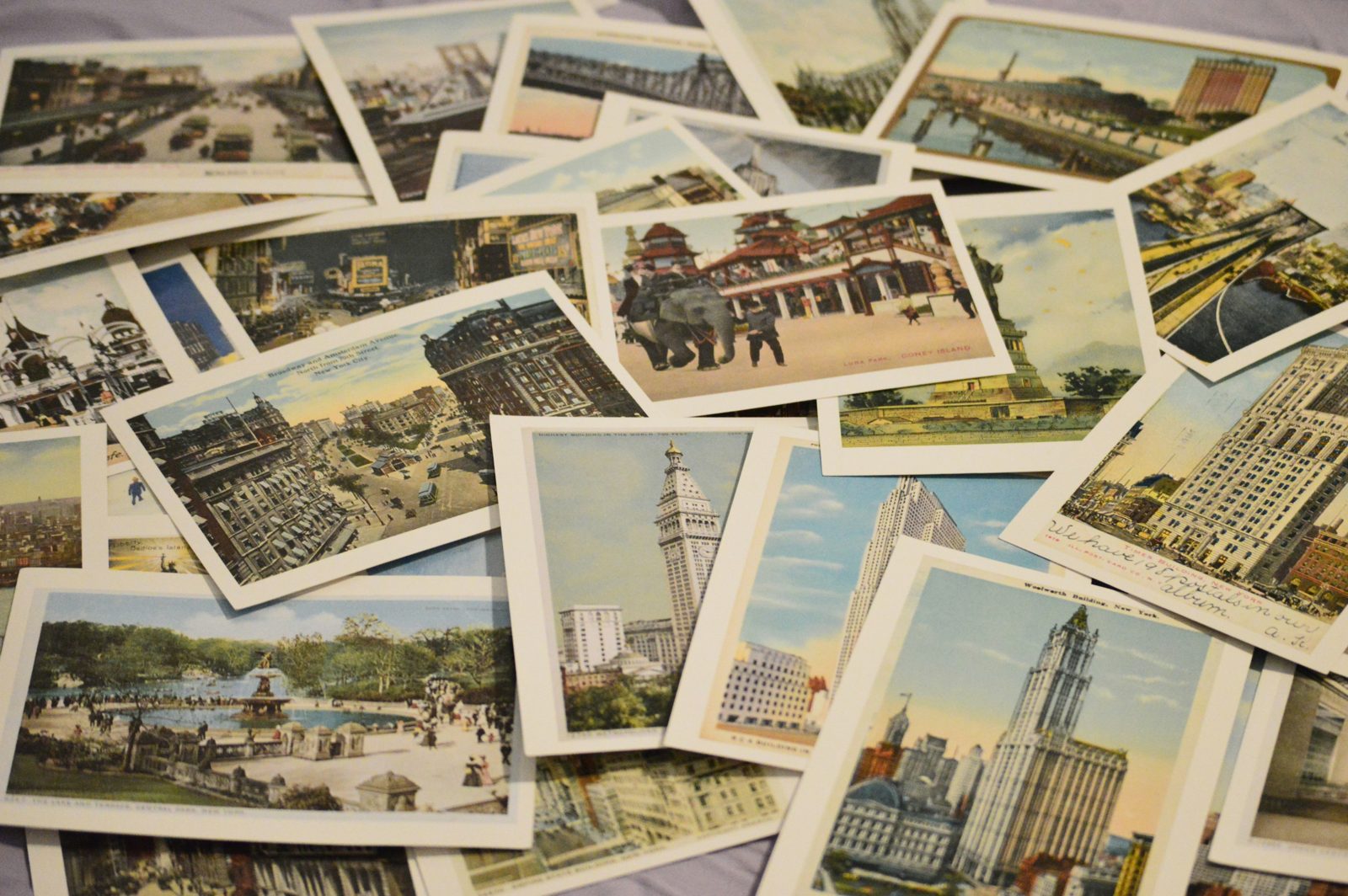 A pile of vintage New York postcards